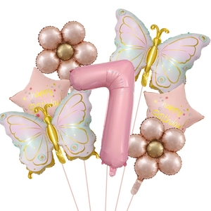 Set palloncini numero 7 rosa con farfalle macaron e fiori per decorazione festa compleanno
