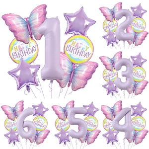 Set De Ballons Décoration Anniversaire Feuille Aluminium Papillon Dégradé Grand Nombre Violet Étoile Rond Happy Birthday Décor