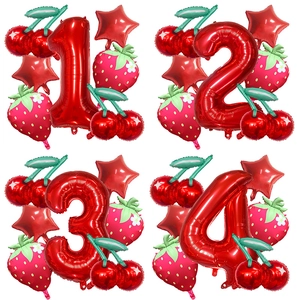 Ballon Numéro De Fruit En Feuille D'Aluminium Rouge Fraise Cerise Étoiles Décoration De Fête D'Anniversaire Pour Filles