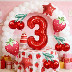 Kit ballons fraise et cerise avec chiffre 3 rouge pour décoration anniversaire fille