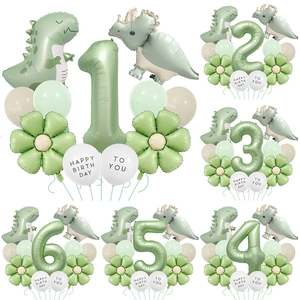 Detail of dinosaur balloon set with matte numbers and daisy decorations for birthday party