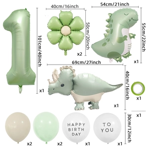 Morandi green dinosaur theme 1st birthday balloon set with matte finish and number one