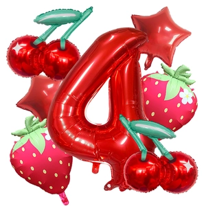 Kit de ballons chiffre 4 rouge avec formes fraise et cerise pour anniversaire de fille