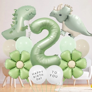 Mint green dinosaur 2nd birthday balloon set with number 2 and happy birthday print