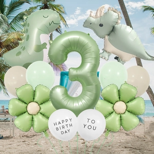Matte jungle dinosaur theme balloon set with green number 3 for 3rd birthday party decor
