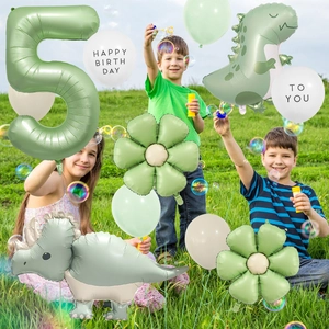 Detailed jungle dinosaur 5th birthday balloon set with green number 5 and cartoon dinos