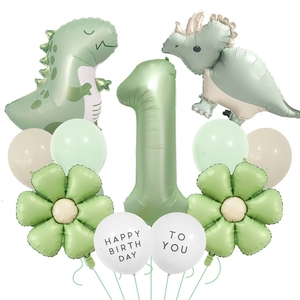 Detailed set of sage green dinosaur balloons and daisy accents for a first birthday party