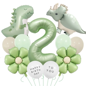 Sage green 2nd birthday decor with dinosaur and daisy foil balloons for boys