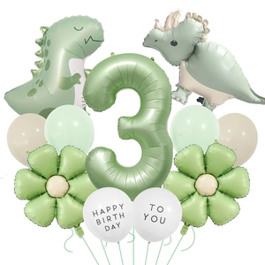 Morandi green dinosaur balloon set detail with number 3 and Happy Birthday text