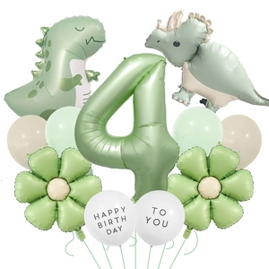 Matte jungle dinosaur 4th birthday balloon set with green num 4 and daisy decorations