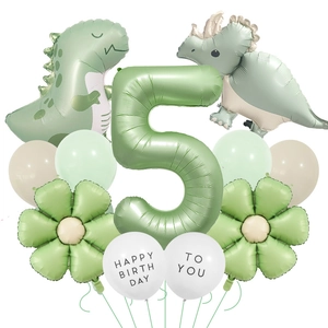 5th birthday jungle dinosaur balloon set with matte green numbers and daisy decorations