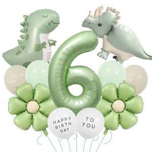 Detail view of jungle dinosaur balloons set with giant number 6 and cute flower accents
