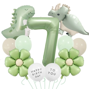 Green dinosaur birthday balloon kit with large number 7 foil and cute cartoon dinosaurs