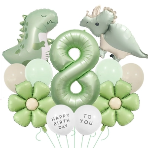 Sage green dinosaur themed party kit for boy's 8th birthday with number 8 foil balloon