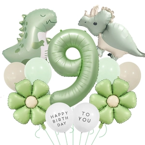 Detailed jungle dinosaur 9th birthday balloon set with sage green and cream tones