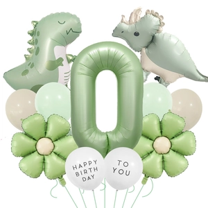 Detail of dinosaur foil balloons and Happy Birthday latex balloons in Morandi green