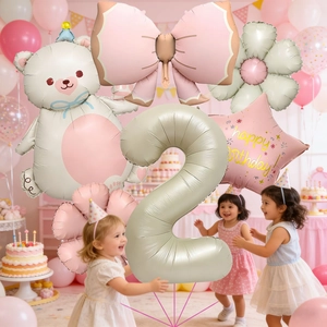 Cream bear and bow aluminum balloon set for a girl 2nd birthday party decoration