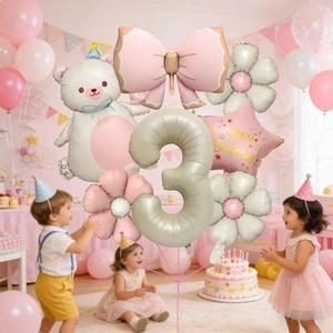 Cream bear and pink bow foil balloon set for 3rd birthday party decoration