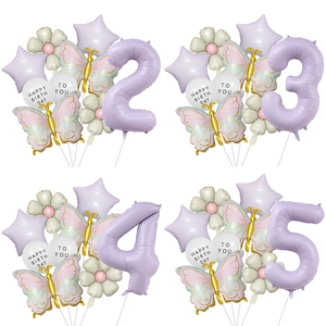 Macaron Purple Foil Number Balloons With Butterfly Daisy Flower Star Printed Latex Balloons For Birthday Party Decoration