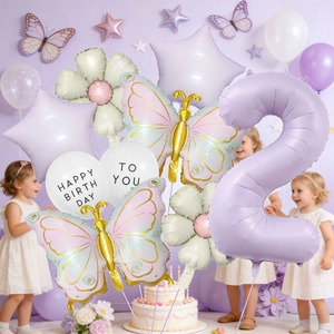Pastel purple number 2 balloon set with butterfly and daisy for birthday party