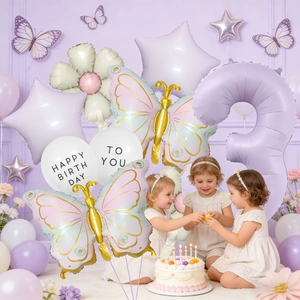 40-inch cream purple butterfly and daisy number 2 balloon set for girl birthday decor