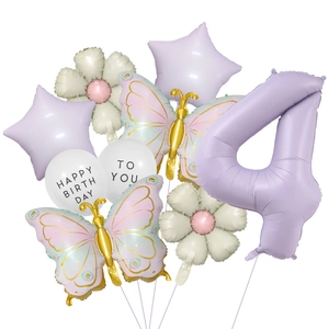 Close-up of cream purple number 4 balloon set with daisies and butterfly balloons