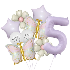 Pastel purple number 5 balloon set with butterflies daisies and stars for birthday