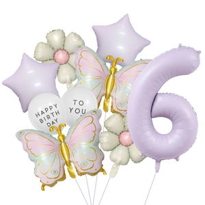 Pastel purple number 6 balloon set with gradient butterflies and daisy flowers for parties