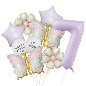 Detail of lavender number 7 balloon set with rainbow butterflies and white daisy petals