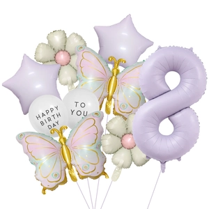 Detail of macaron purple number 8 balloon set with butterfly and daisy decorations