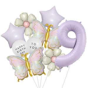 Detailed set of purple number 9, butterfly, daisy and heart foil balloons for birthday party