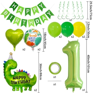 Green dinosaur themed 1st birthday party decoration set with balloons and banners