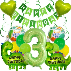 Green dinosaur theme 3rd birthday party decoration kit with foil balloons and banners