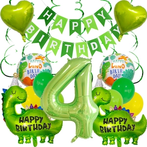 Green dinosaur 4th birthday party decoration set with balloons and banners
