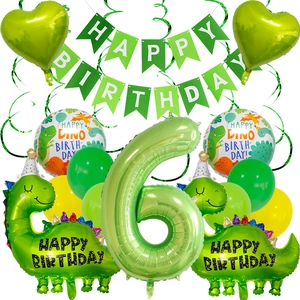 6th birthday dinosaur party set with green number 6 balloon and happy birthday banner