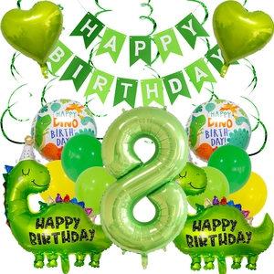 Complete dinosaur themed 8th birthday party kit with balloons and green happy birthday banner
