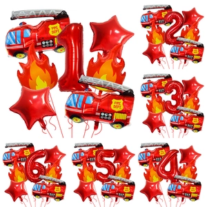Detail of firefighter balloon set with fire truck and red number foil balloons