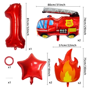Firefighter party balloon kit with number 1, fire truck, stars and flame foil balloons