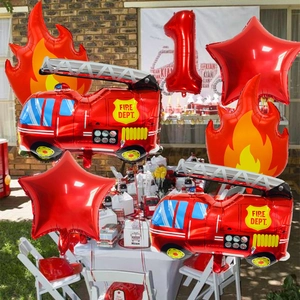 Firefighter theme birthday balloon set featuring fire truck and number 1 foil balloons