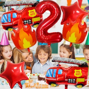 7-piece fire truck balloon set including red number 2 and flame shapes for 2nd birthdays