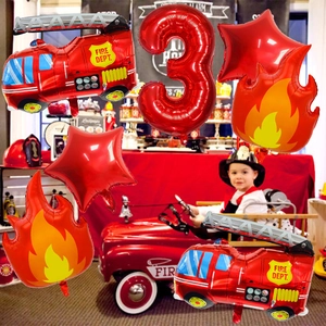 3rd birthday firefighter party balloon set with fire truck and number three foil balloons