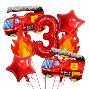 Firefighter theme balloon set with red fire trucks, flame shapes, and number 3 balloon
