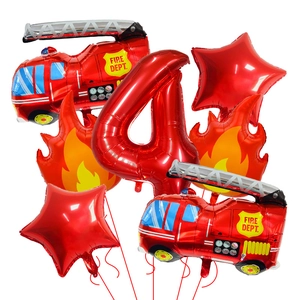 Fire truck themed foil balloon set with number 4 and flame designs for party decor
