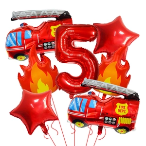 Firefighter theme party balloon set with fire trucks, number 5 and stars for birthday