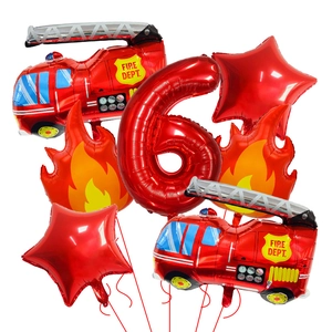 7-piece fire department balloon set with red fire truck shapes and large number 6 foil balloon
