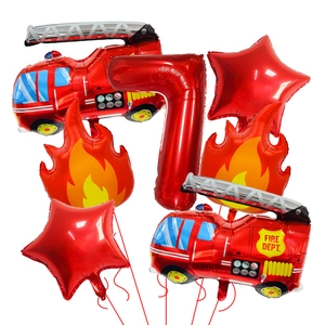 Fire truck and flame balloon set for 7th birthday party decoration on white background