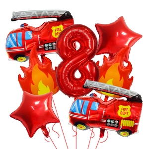 7-piece firefighter balloon set with red fire trucks and a large number 8 for party decor