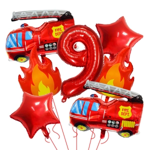 Close-up of 7pcs firefighter theme foil balloons with red number 9 and fire trucks