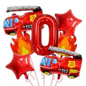 Fire truck and flame aluminum balloon set with number 0 for themed party decoration