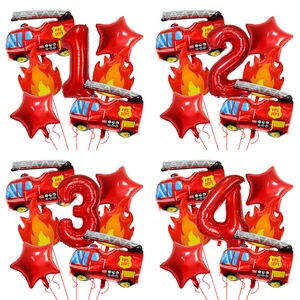 Fire Truck Theme Balloon Decorations Aluminum Foil Flame Star Number Balloons Birthday Party Boys Children